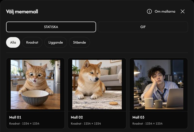 Mallväljare för memes med flikarna STATIC och GIF, filter för bildförhållande och förhandsvisningar av mallar.