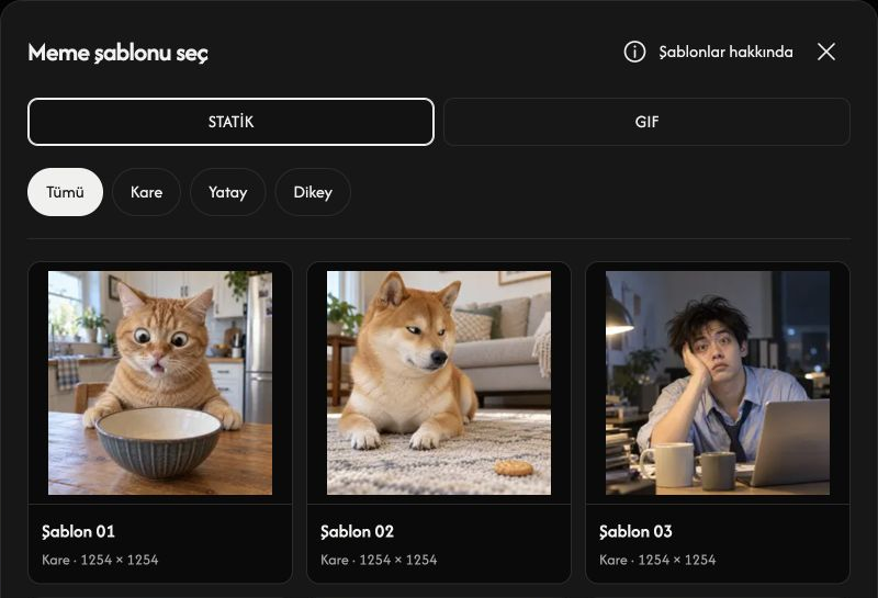 STATIC ve GIF sekmeleri, en boy oranı filtreleri ve şablon önizlemeleri içeren şablon seçici.