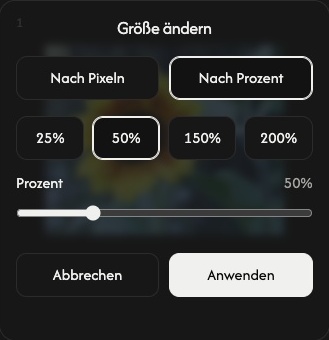 Größeneinstellungen eines Bildes im Prozent-Modus mit Prozentreglern sowie Abbrechen und Anwenden.