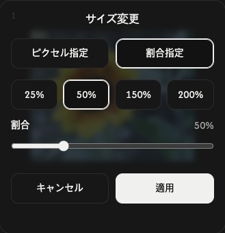 1枚の画像の割合モード設定。比率の操作、キャンセル、適用が表示されています。