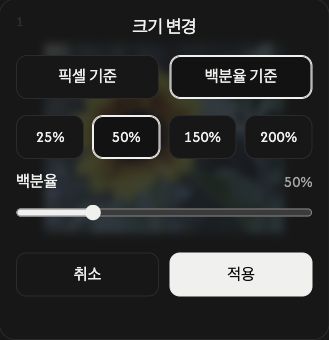 백분율 조절과 취소·적용 버튼을 보여 주는 개별 이미지 크기 변경 설정.