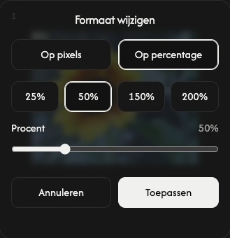 Formaatinstellingen voor één afbeelding in de Procent-modus, met percentageknoppen, Annuleren en Toepassen.