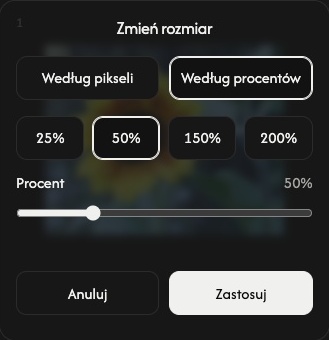 Ustawienia zmiany rozmiaru jednego obrazu w trybie Procent, z wyborem wartości procentowej oraz przyciskami Anuluj i Zastosuj.