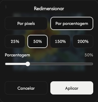 Configurações de tamanho de uma imagem no modo Porcentagem, com controles de porcentagem, Cancelar e Aplicar.