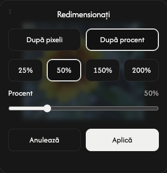 Setările de redimensionare ale unei imagini în modul Procent, cu reglarea procentului, Anulare și Aplicare.