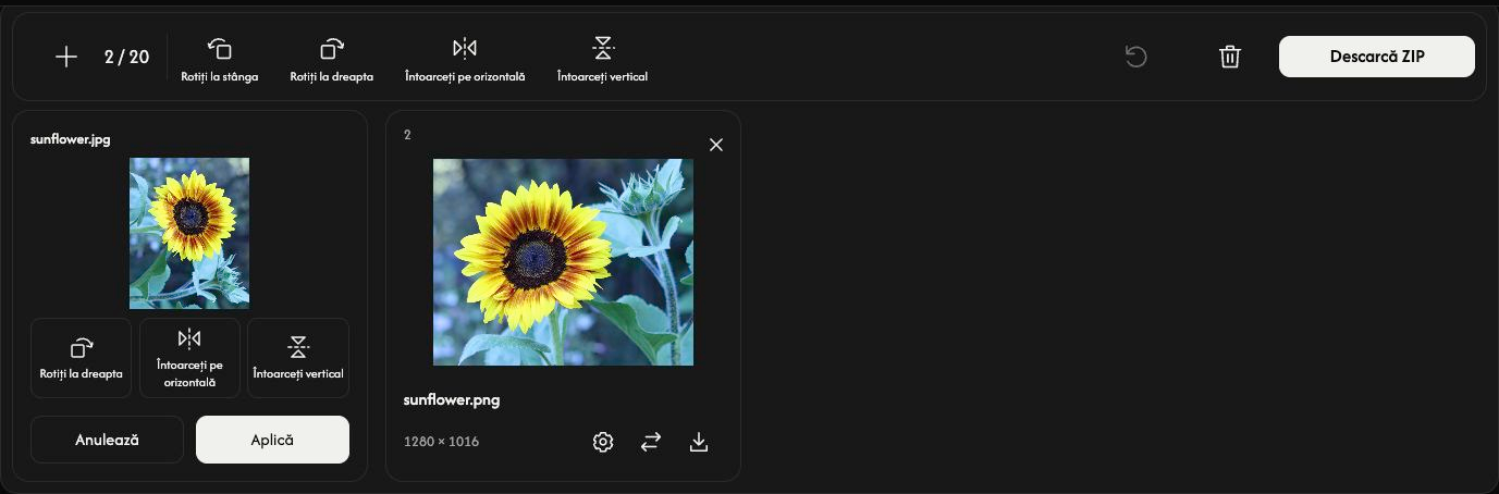 Rotire și răsturnare cu setările unei imagini deschise: previzualizare, comenzi de rotire și răsturnare, Anulează și Aplică.