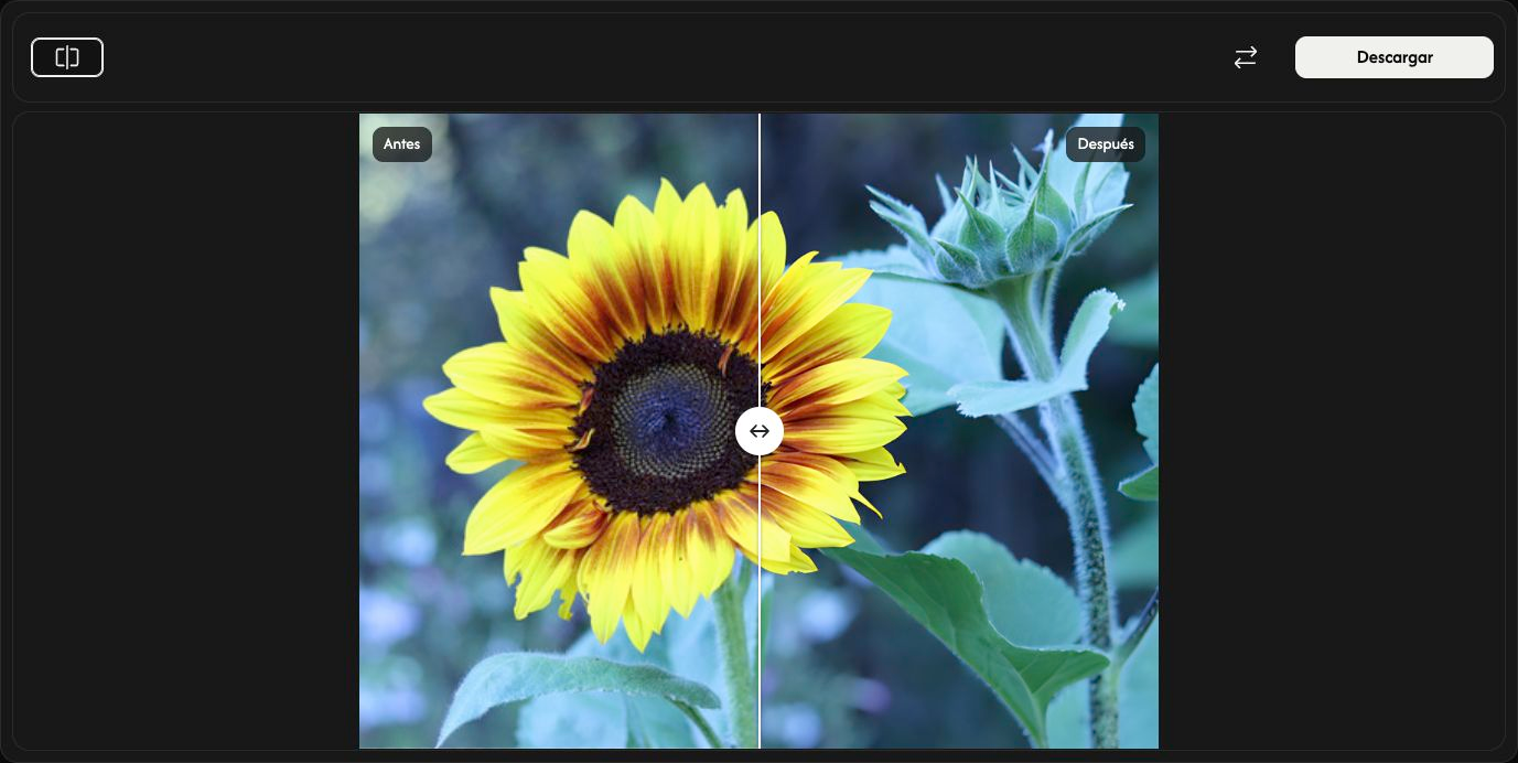 AI Upscaler con la imagen original y la ampliada, un separador de comparación que se puede arrastrar y controles de descarga.